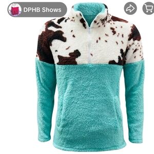 Fleece Pullover with Cow Print and Teal